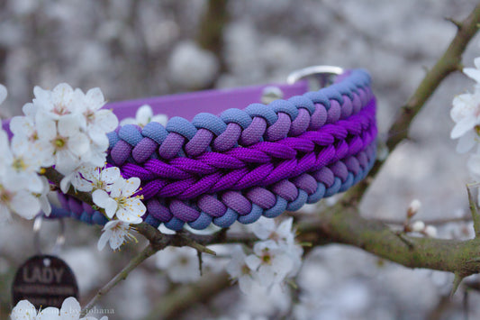 Paracordový obojek pro psa ve fialové barvě obklopený květy, obojek z paracordu pro střední a velké psy