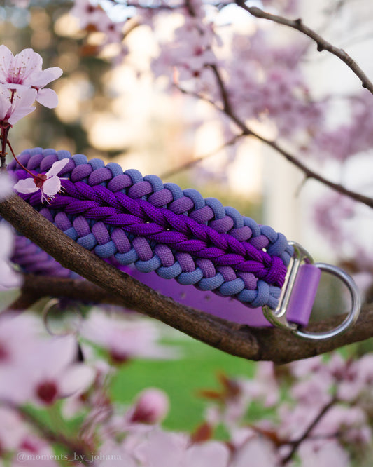Paracordový obojek pro psa ve fialové barvě obklopený květy Sakury, obojek z paracordu pro střední a velké psy, paracord v odstínech fialové