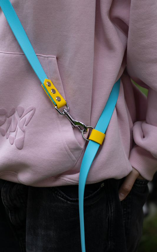 Modré přepínací vodítko z biothanu na míru, ručně vyrobené vodítko pro malé, střední i velké psy s nastavitelnou délkou z voděodolného BioThane materiálu