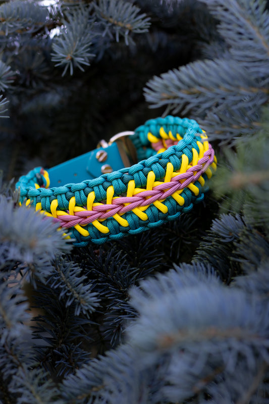 Veselý letně zbarvený ručně pletený paracordový obojek, kombinace modré, žluté a růžové barvy vhodný pro velkého psa