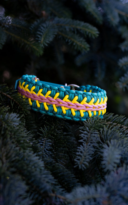 Veselý letně zbarvený ručně pletený paracordový obojek, kombinace modré, žluté a růžové barvy vhodný pro velkého psa