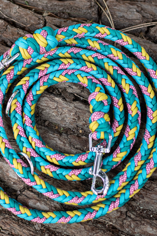 Ručně pletené paracordové vodítko v barvách modré, tyrkysové, okrové a růžové, přepínací vodítko z paracordu s kroužky pro úpravu délky pro malé, střední a velké psy