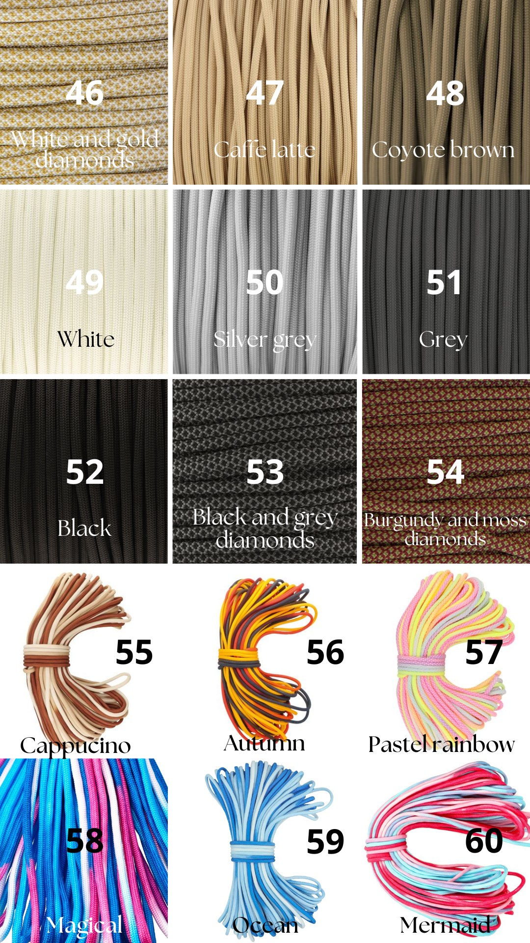 Vzorník barevných možností pro paracordové produkty na míru.