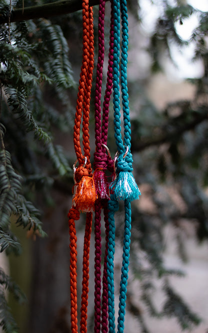 Na fotce jsou 3 paracordová vodítka s ručkou vhodné pro malé psy svou lehkostí a šířkou. Barvy vodítek jsou cihlová, vínová a tmavě tyrkysová. Vodítka jsou opatřeny kroužkem pro připnutí kolem těla a zdobným přívěskem.