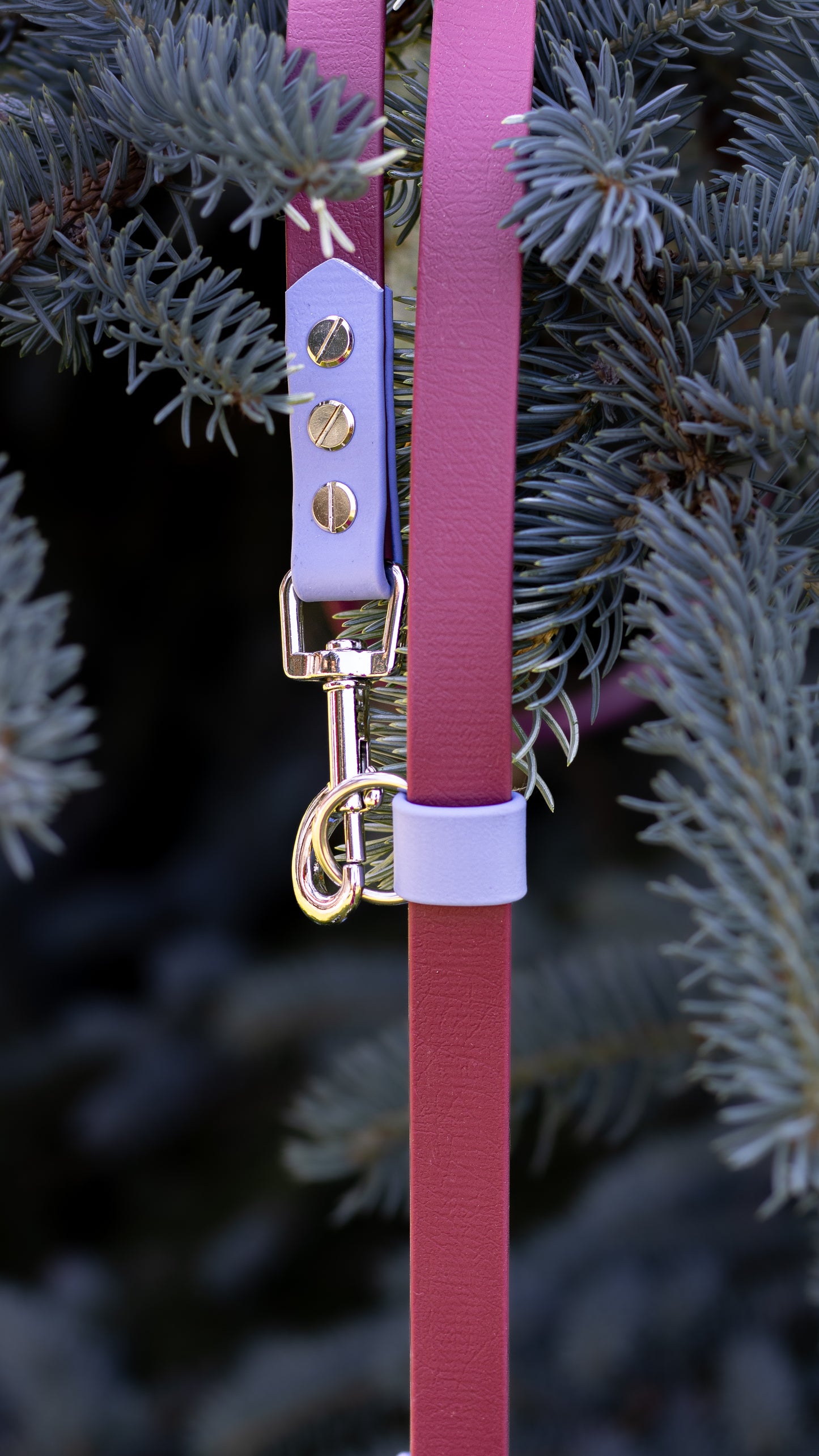 Vínovo - fialové přepínací vodítko z biothanu na míru, ručně vyrobené vodítko s nastavitelnou délkou a ručkou (traffic handle) pro rychlé chycení psa na krátko, které je vhodné pro malé, střední i velké psy. Na výrobu byl použit voděodolný materiál BioThane, díky kterému je vodítko velmi jednoduché na údržbu. Na fotce je vidět detail posuvného kroužku.