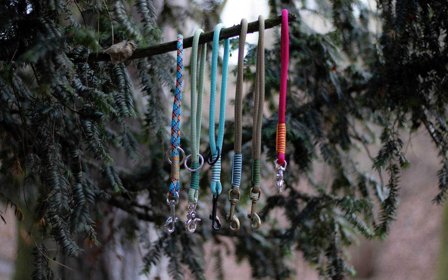 Na fotce vidíme krátké lanové vodítko - ručku neboli couračku, která se používá pokud chce člověk mít psa na krátko. Nechává se také na postroji pro rychlejší chycení psa na volno. Ručky jsou ručně pletené, mají zdobný oplet a mohou mít různé barvy, zde jsou konkrétně tyto barvy couraček (zleva): modro - oranžová (geometrické útvary), zelená, světle modrá, hnědá, červená.