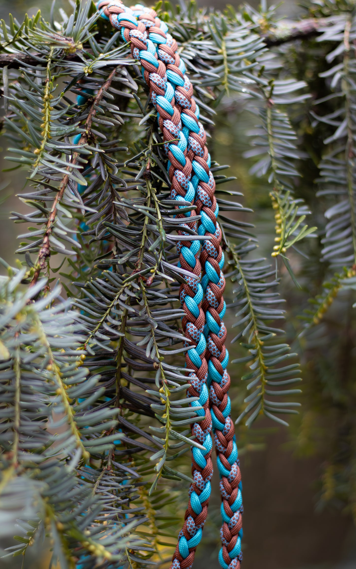 Přepínací ručně pletené paracordové vodítko pro psy v kombinaci tyrkysocé a hnědé vhodné pro velká i malá plemena psů.