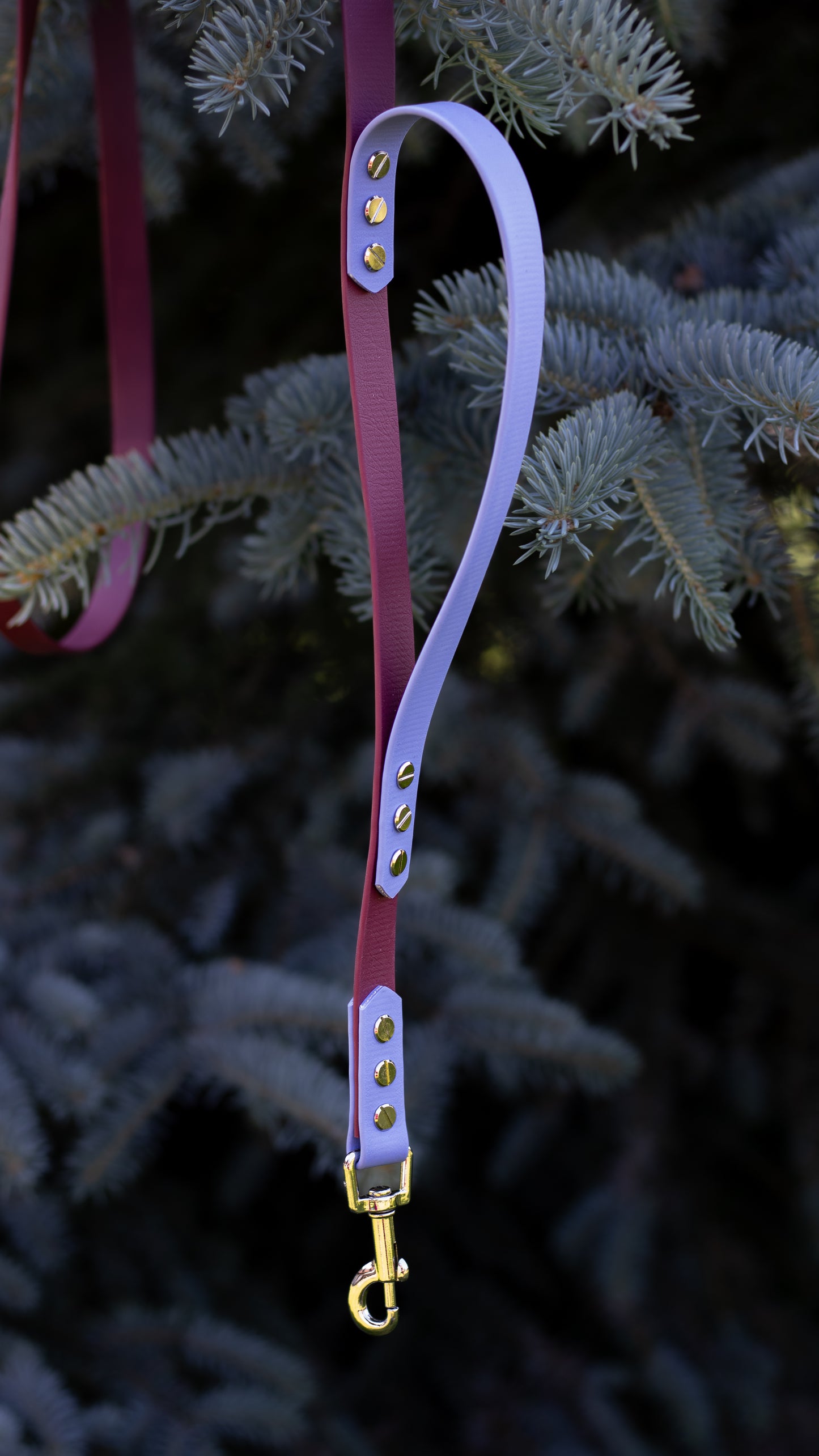 Vínovofialové přepínací vodítko z biothanu na míru, ručně vyrobené vodítko s nastavitelnou délkou a ručkou (traffic handle) pro rychlé chycení psa na krátko, které je vhodné pro malé, střední i velké psy. Na výrobu byl použit voděodolný materiál BioThane, díky kterému je vodítko velmi jednoduché na údržbu.