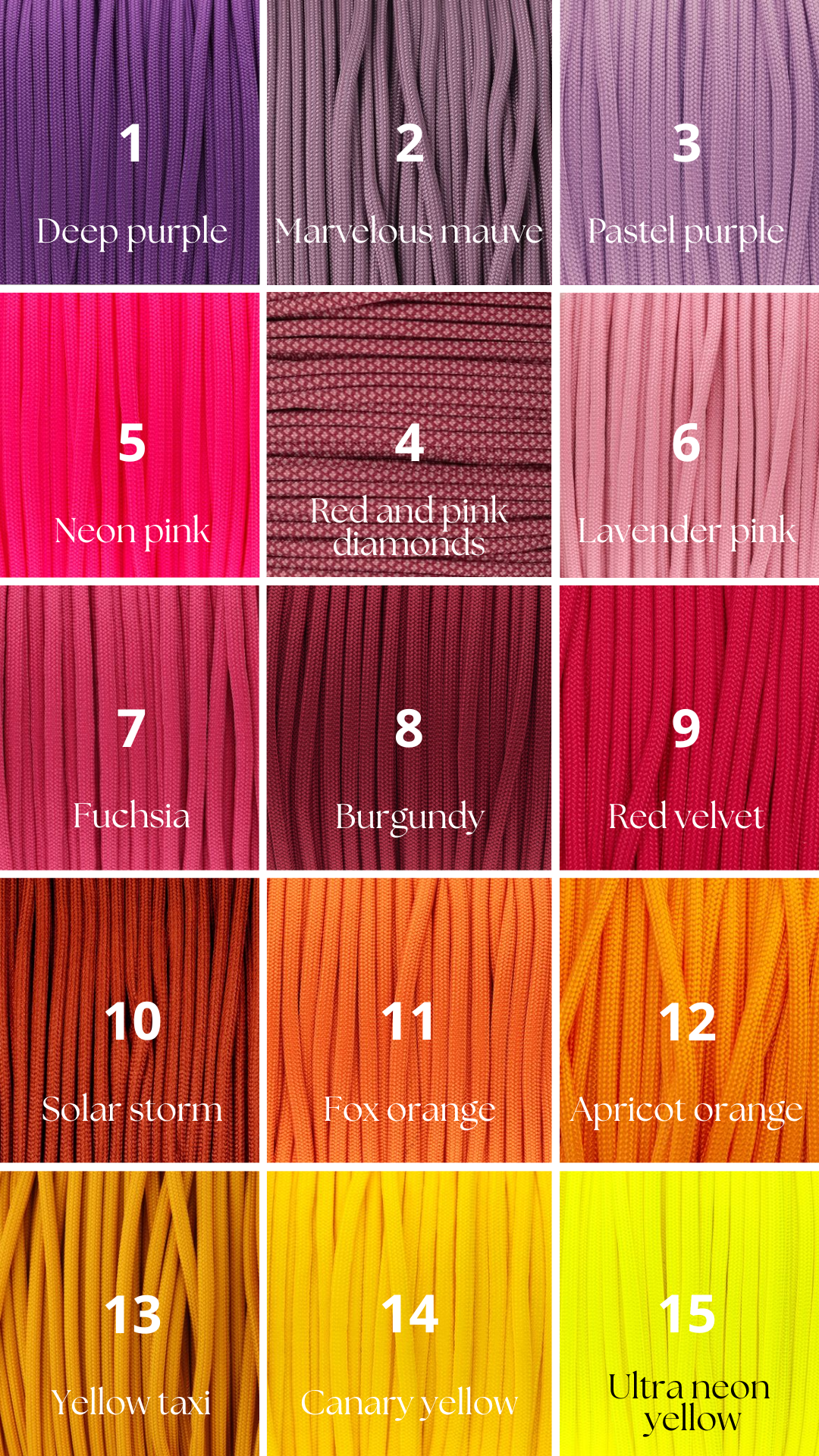 Vzorník barevných možností pro paracordové produkty na míru.