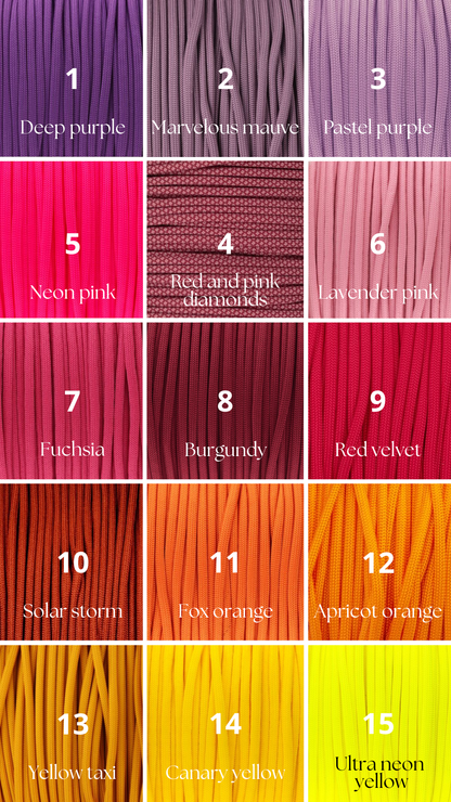 Vzorník barevných možností pro paracordové produkty na míru.