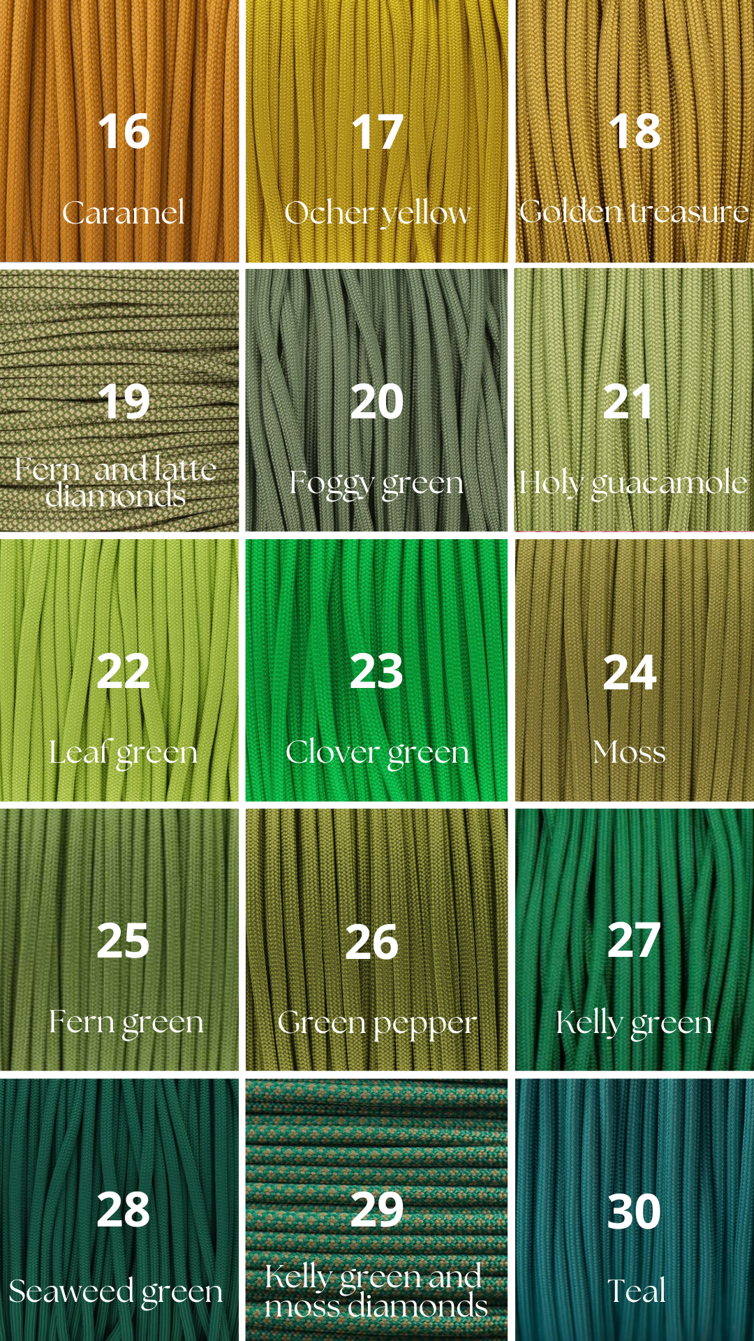 Vzorník barevných možností pro paracordové produkty na míru.