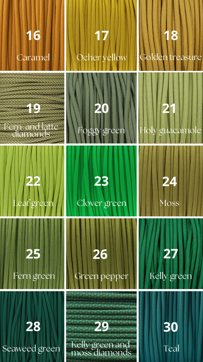 Vzorník barevných možností pro paracordové produkty na míru.