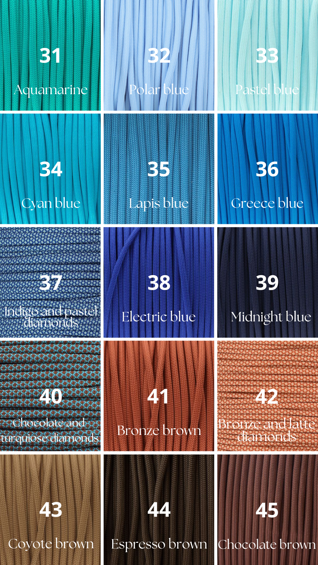 Vzorník barevných možností pro paracordové produkty na míru.