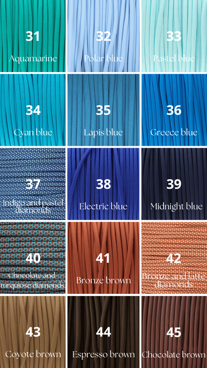 Vzorník barevných možností pro paracordové produkty na míru.