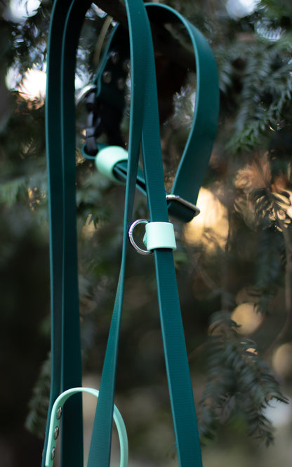 Zeleno - mentolové přepínací vodítko z biothanu na míru, ručně vyrobené vodítko s nastavitelnou délkou a ručkou (traffic handle) pro rychlé chycení psa na krátko, které je vhodné pro malé, střední i velké psy. Na výrobu byl použit voděodolný materiál BioThane, díky kterému je vodítko velmi jednoduché na údržbu.